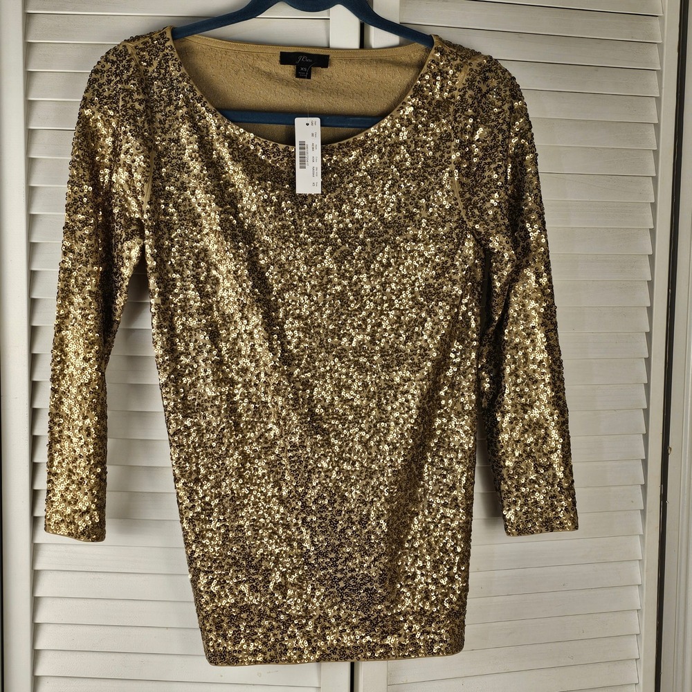 NWT J Crew Womens Khaki Sequined 3/4 Sleeve Boatneck Shirt Top‎ XS